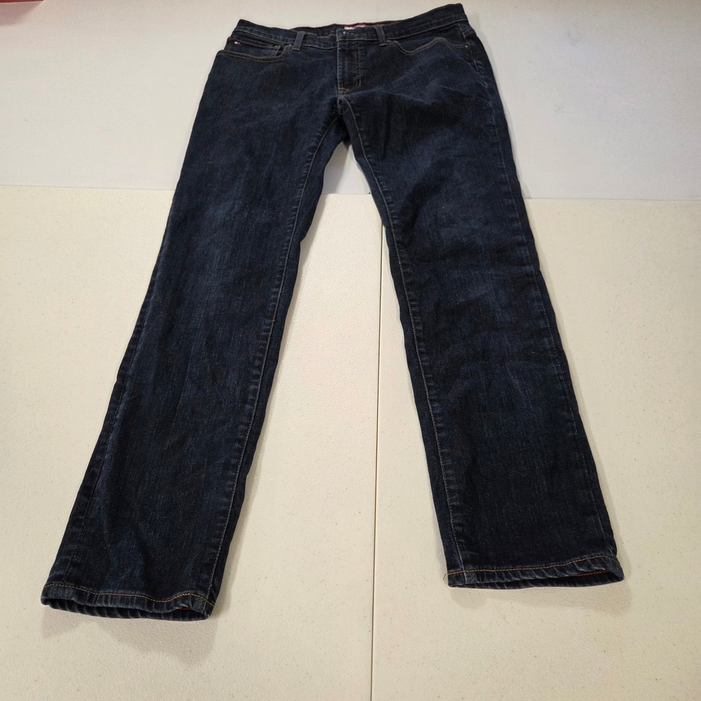 Tommy Hilfiger Mens 32x32 Dark Wash Slim Straight Leg Blue Jeans Stretch Denim